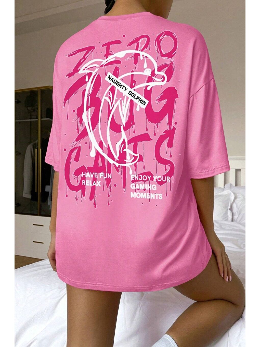 Kadın Pembe Bisiklet Yaka Games Baskılı Oversize T Shirt-2