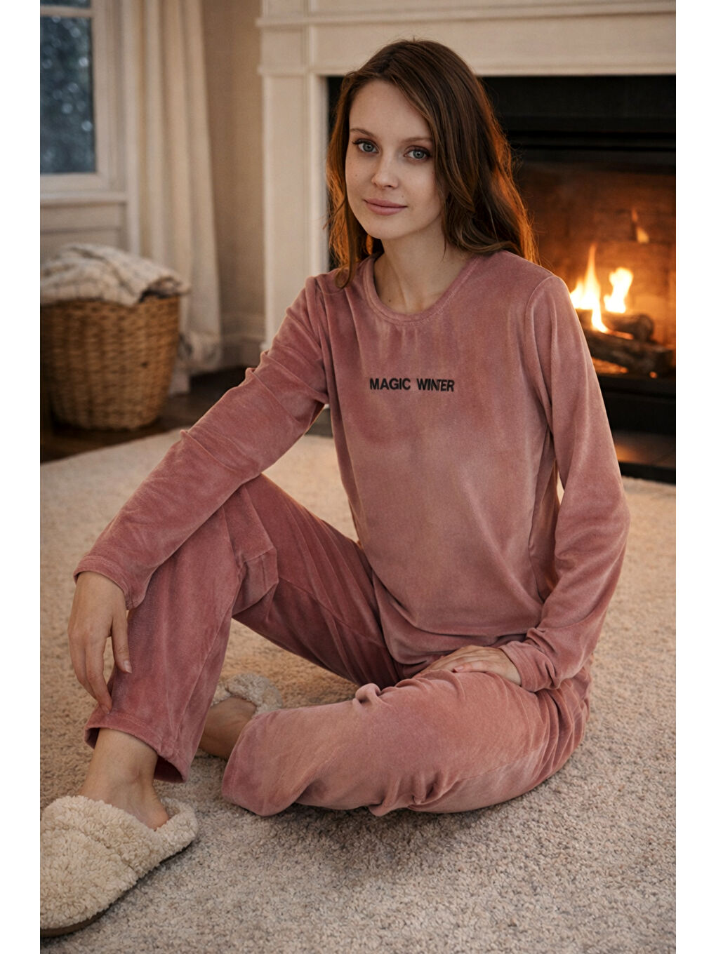 Pembe Kadın Kadife Kumaş Pijama Takımı 13166-2203 Pudra-2