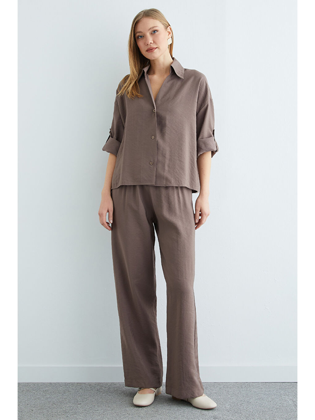 Kahverengi Düğmeli Beli Lastikli Kapri Kol 2 Li Takım-2