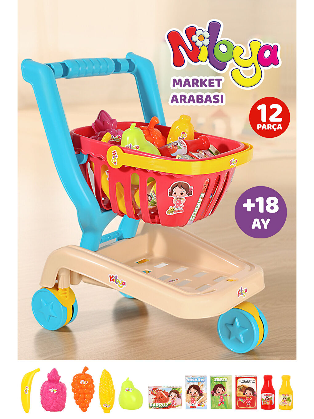 12 Parça Niloya Market Arabası - Oyuncak Meyve Sebze Atıştırmalık Çıkarılabilir Alışveriş Sepeti