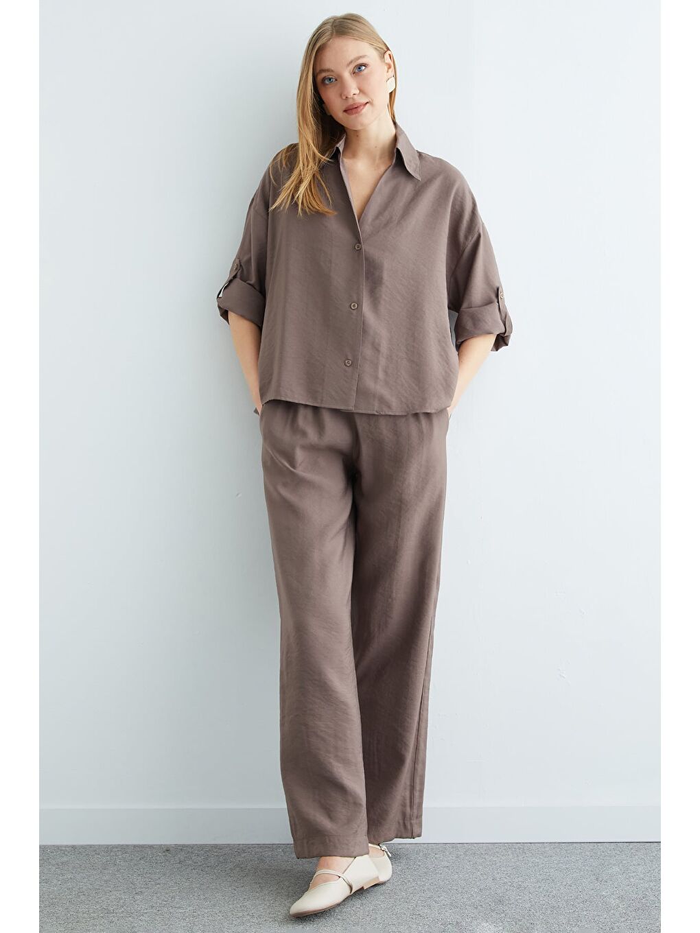 Kahverengi Düğmeli Beli Lastikli Kapri Kol 2 Li Takım-3