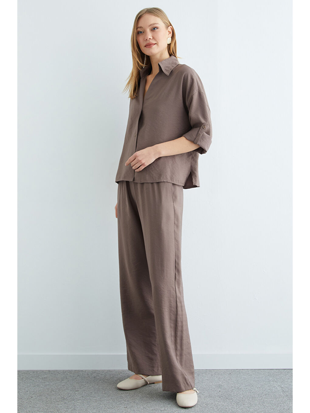 Kahverengi Düğmeli Beli Lastikli Kapri Kol 2 Li Takım-4