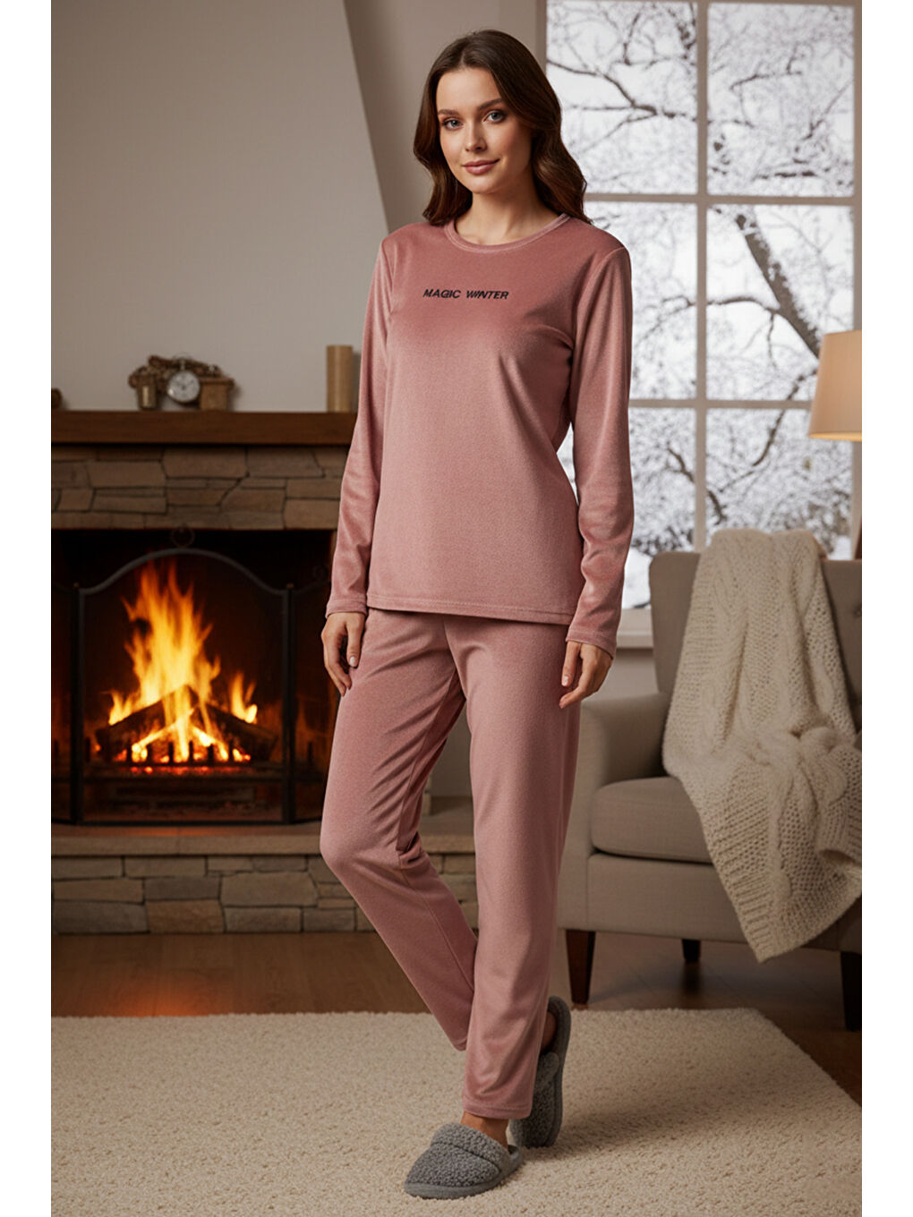 Pembe Kadın Kadife Kumaş Pijama Takımı 13166-2203 Pudra-3