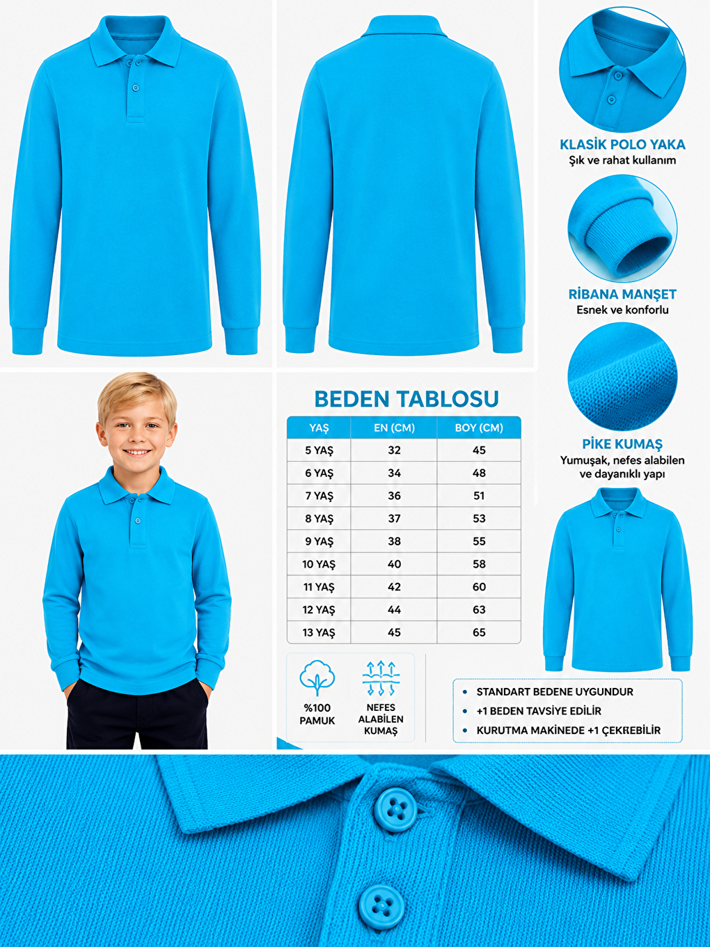Turkuaz Kids Polo Yaka Basic Uzun Kollu Unisex Erkek Çocuk Tişört-1