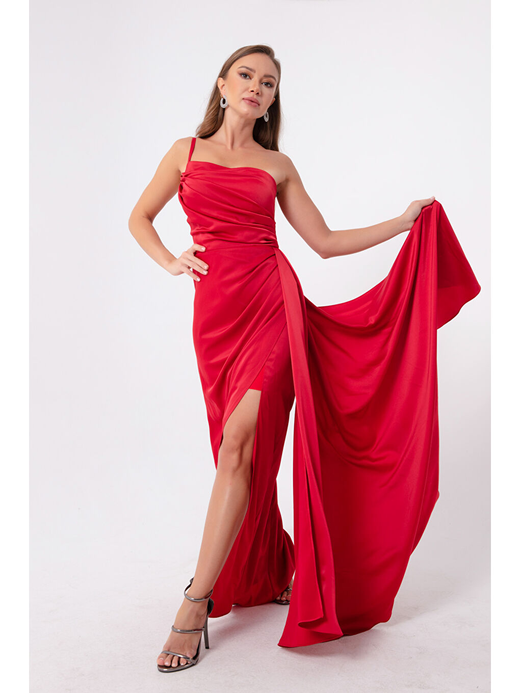 Kadın Kırmızı Tek Omuzlu Saten Abiye & Mezuniyet Elbisesi-1