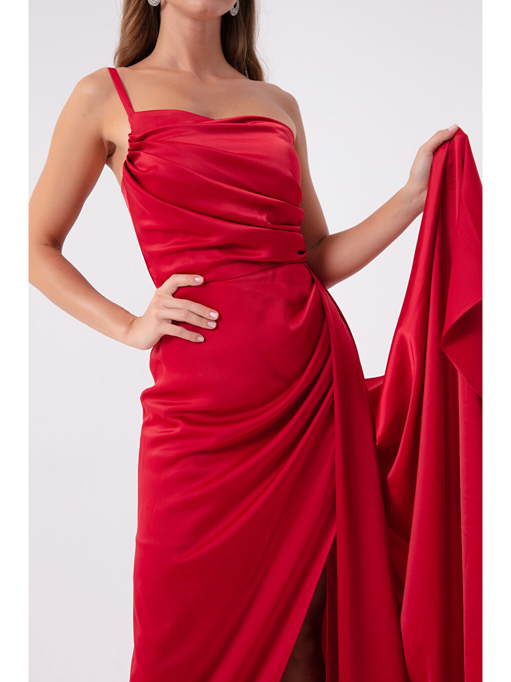Kadın Kırmızı Tek Omuzlu Saten Abiye & Mezuniyet Elbisesi-2