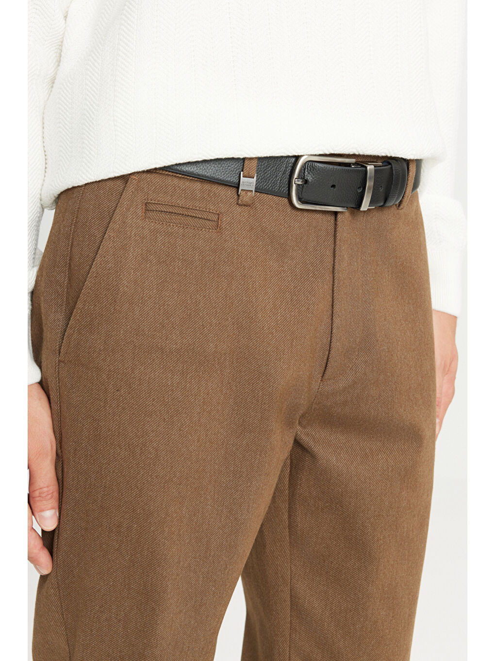 Kahverengi Erkek Açık Kahve Pamuklu Regular Fit Normal Kesim Diagonal Desenli Yan Cepli Esnek Casual Pantolon-3