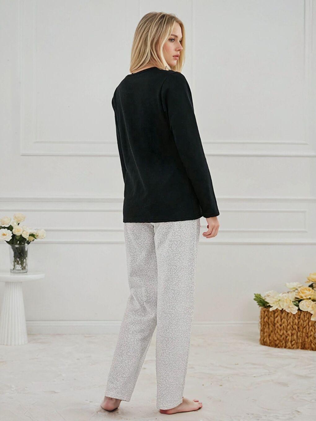 Siyah Kalp Balon Baskılı Şardonlu Kadın Pijama Takımı-2