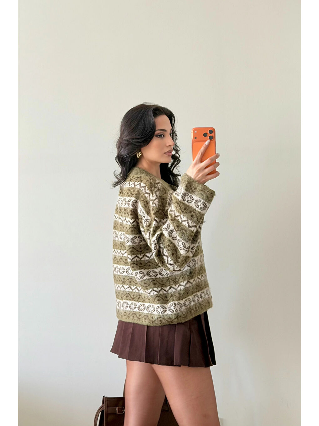 Kadın Haki Etnik Desen Oversize Hırka 1014-2566-1