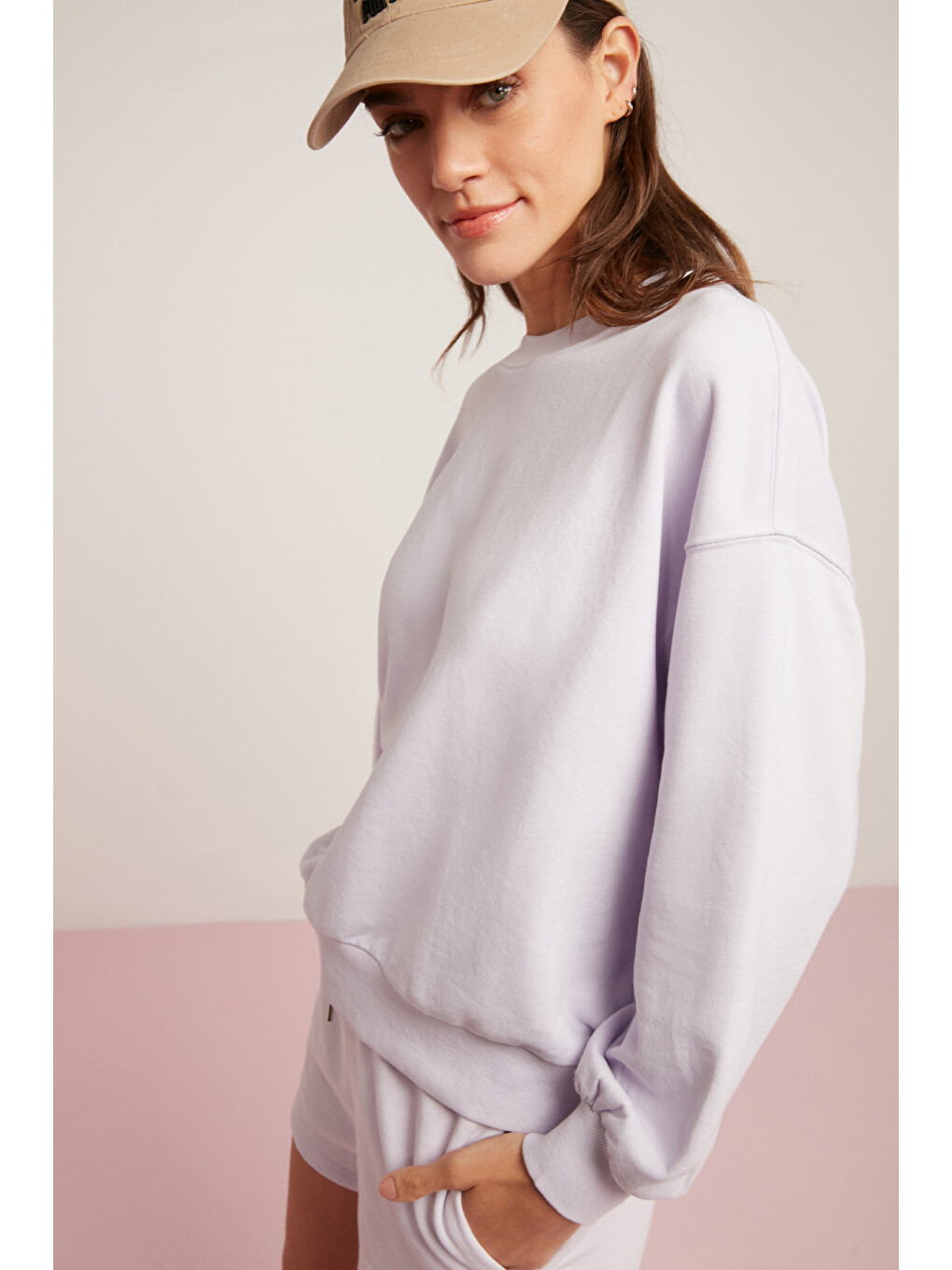 Sahra Kadın Pamuklu Içi Polarlı Yumuşacık Oversize Yuvarlak Yaka Basıc Lila Sweatshirt-1