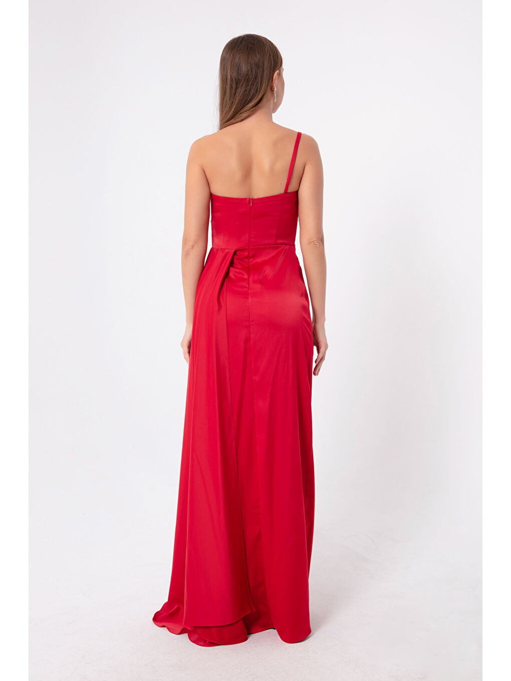 Kadın Kırmızı Tek Omuzlu Saten Abiye & Mezuniyet Elbisesi-4