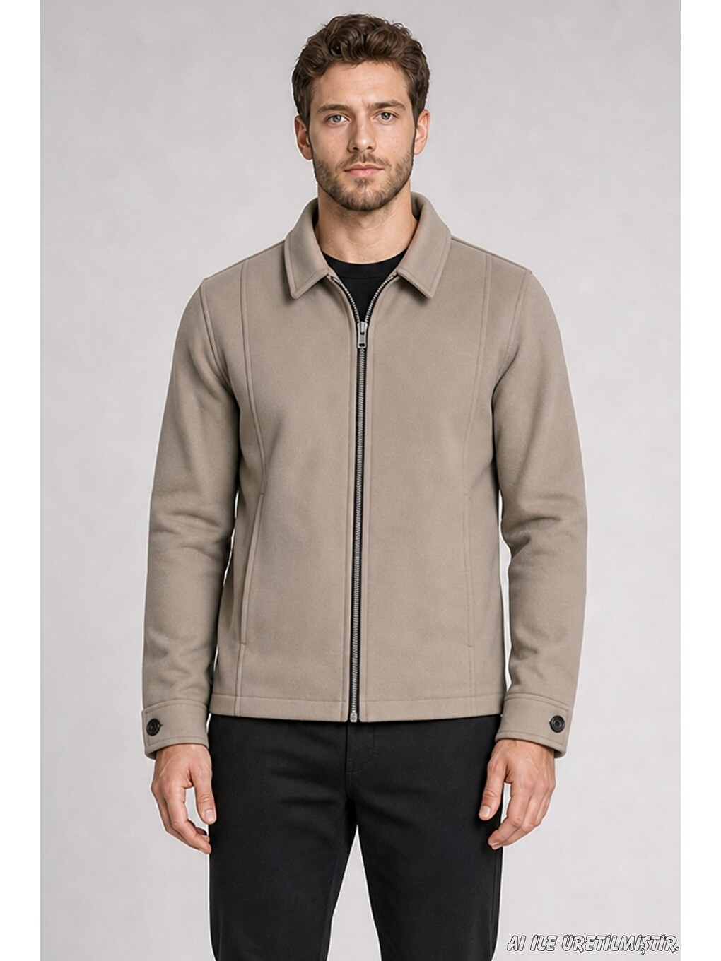 Ekru Erkek Oversize Fermuarlı İçi Kapitoneli Kaşe Ceket