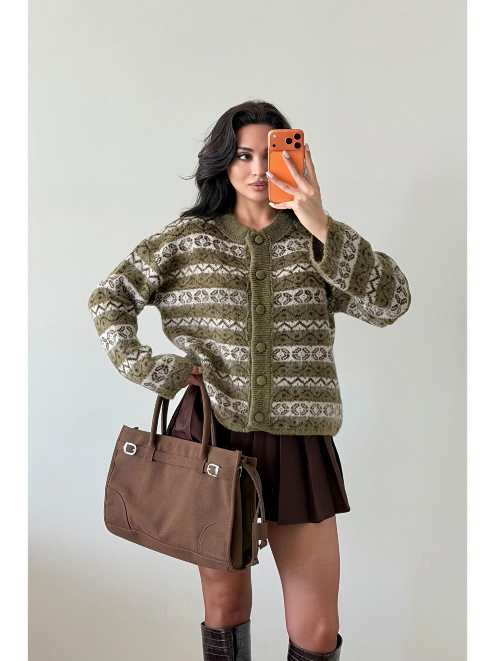 Kadın Haki Etnik Desen Oversize Hırka 1014-2566-2