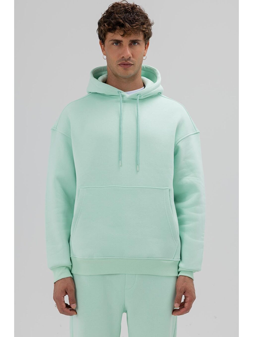 Yeşil Basic Oversize Kapüşonlu Sweatshirt Mint-1