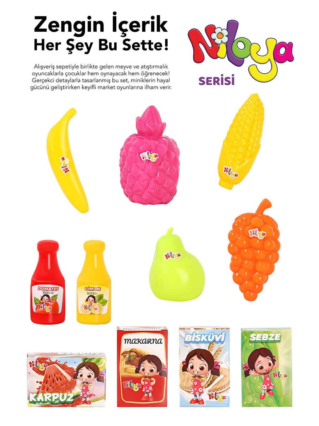 12 Parça Niloya Market Arabası - Oyuncak Meyve Sebze Atıştırmalık Çıkarılabilir Alışveriş Sepeti-1