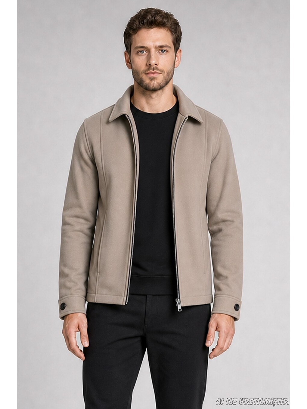 Ekru Erkek Oversize Fermuarlı İçi Kapitoneli Kaşe Ceket-1