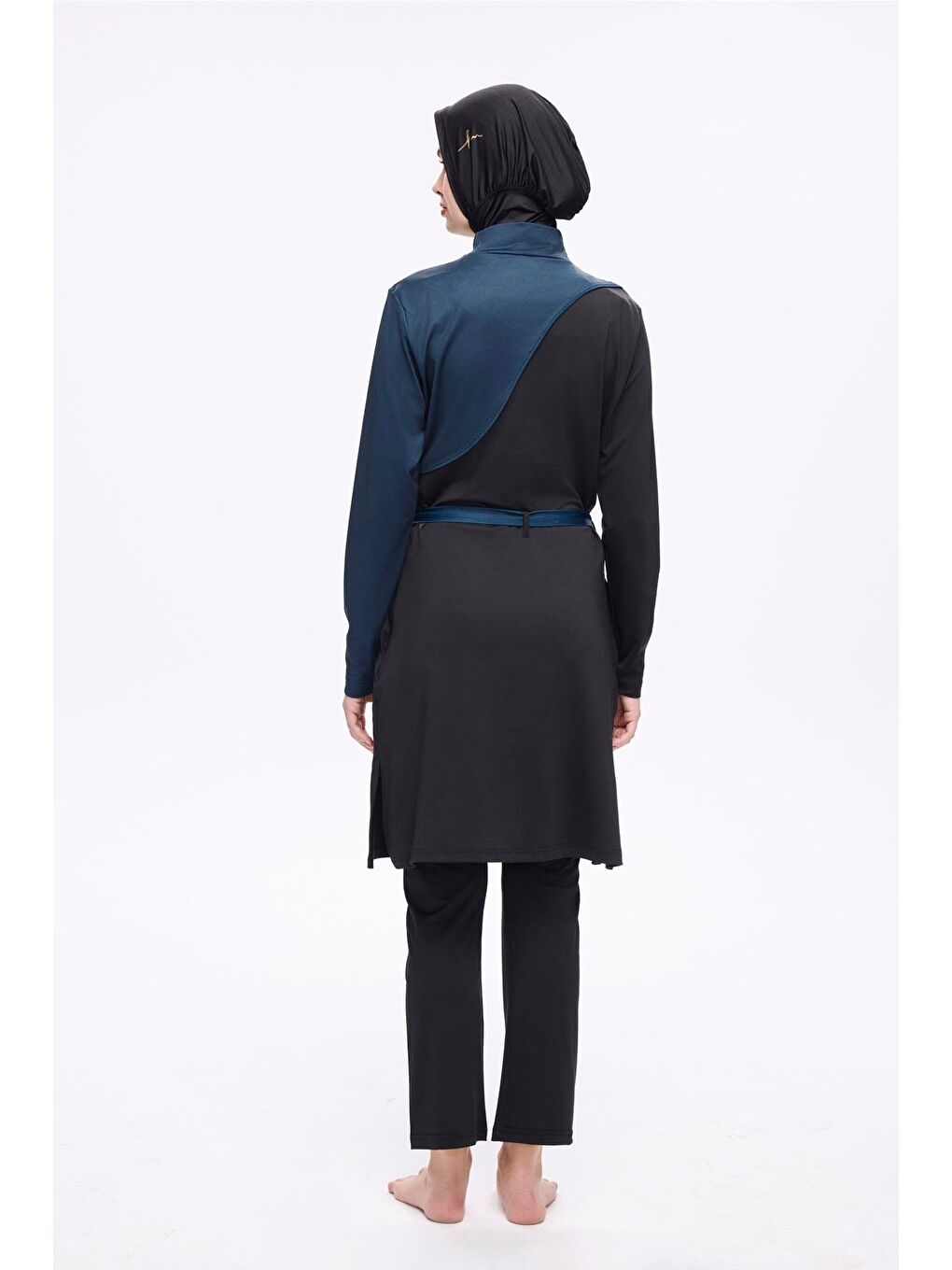 Kuşak Detaylı Siyah Lacivert Elastanlı 5 Parça Tam Tesettür Mayo Takımı 5007-3