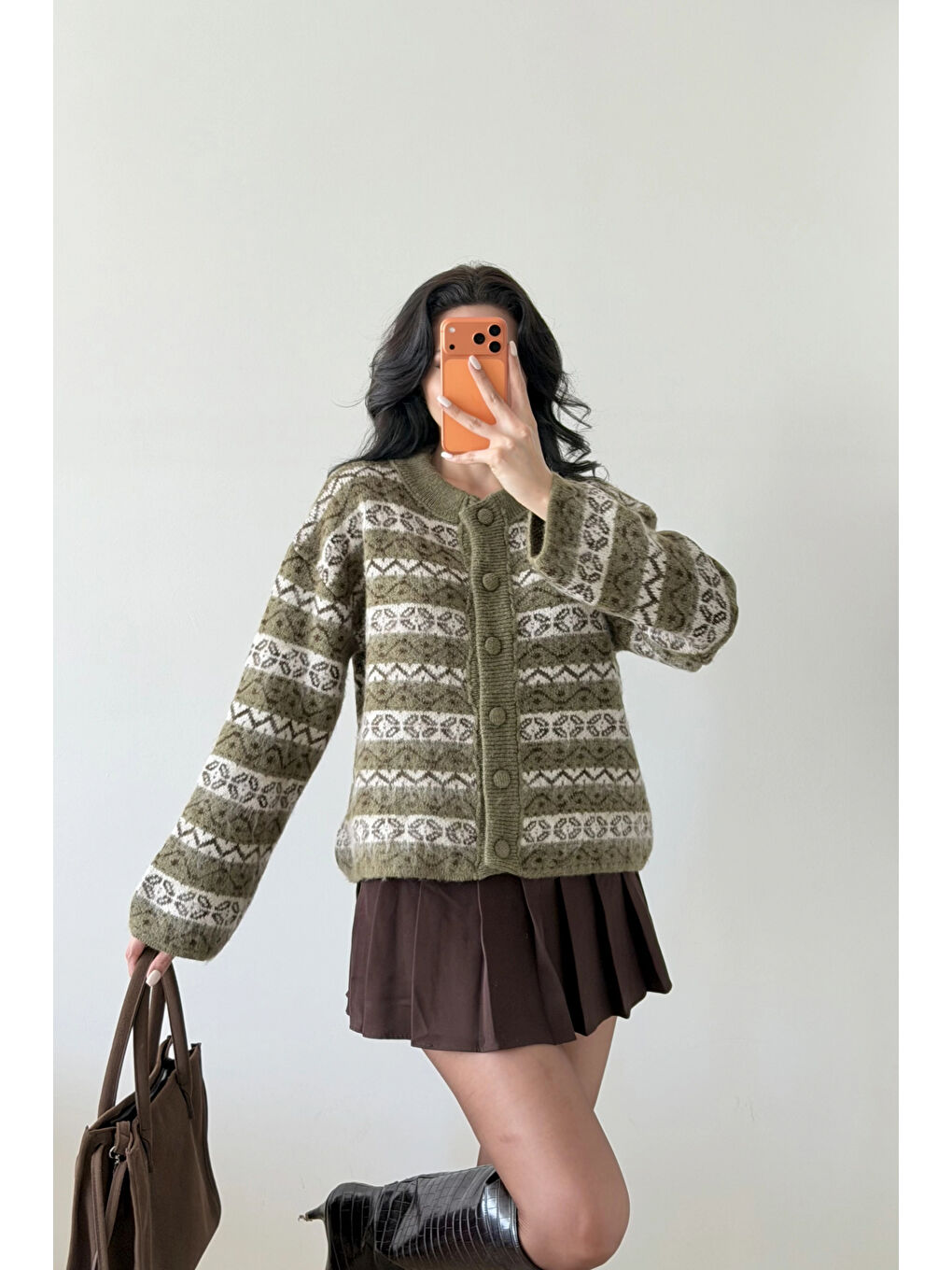 Kadın Haki Etnik Desen Oversize Hırka 1014-2566-3