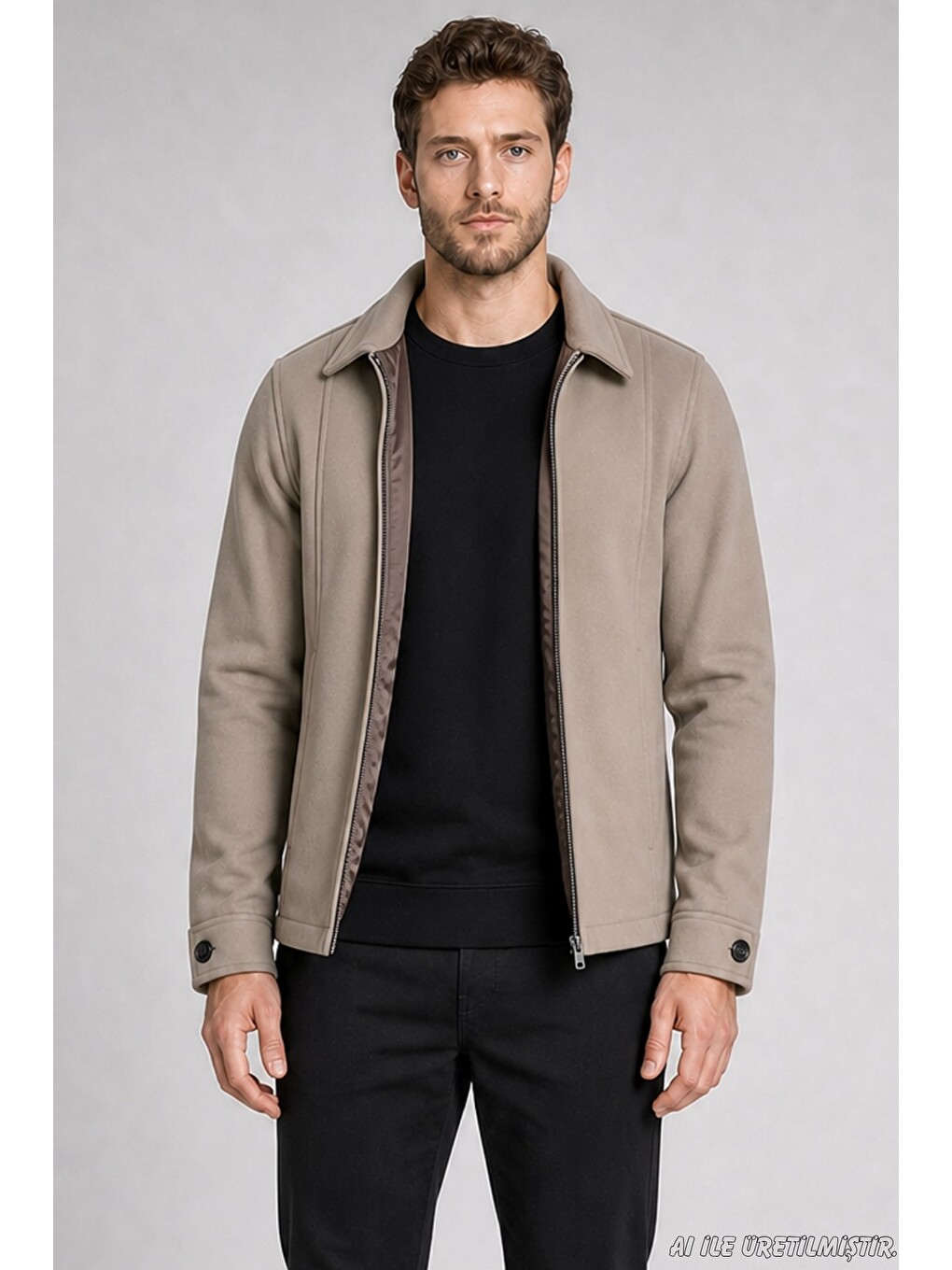 Ekru Erkek Oversize Fermuarlı İçi Kapitoneli Kaşe Ceket-2