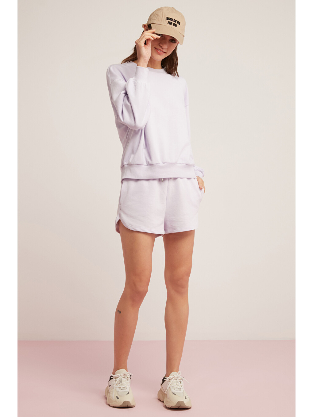Sahra Kadın Pamuklu Içi Polarlı Yumuşacık Oversize Yuvarlak Yaka Basıc Lila Sweatshirt-2