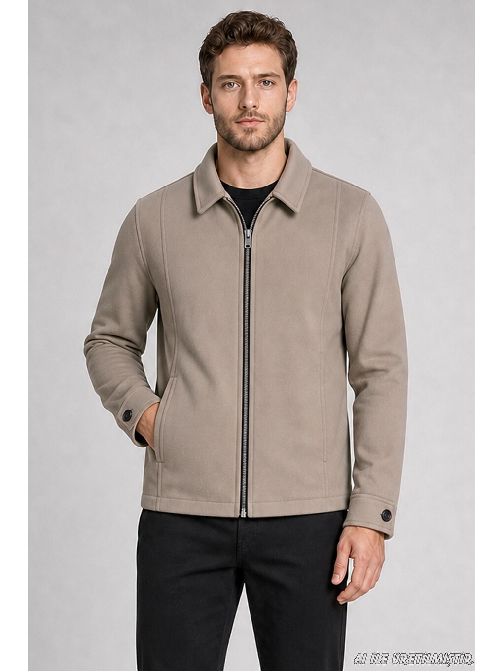 Ekru Erkek Oversize Fermuarlı İçi Kapitoneli Kaşe Ceket-3