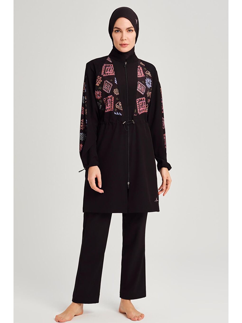 Anadolu Koleksiyonu Motif Desenli Siyah Esnek Dokuma 6 Parça Tam Tesettür Mayo Takımı 3076-2