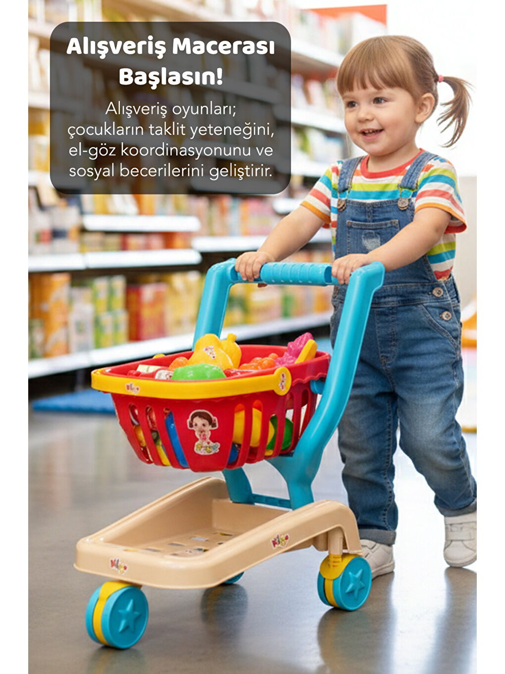 12 Parça Niloya Market Arabası - Oyuncak Meyve Sebze Atıştırmalık Çıkarılabilir Alışveriş Sepeti-2