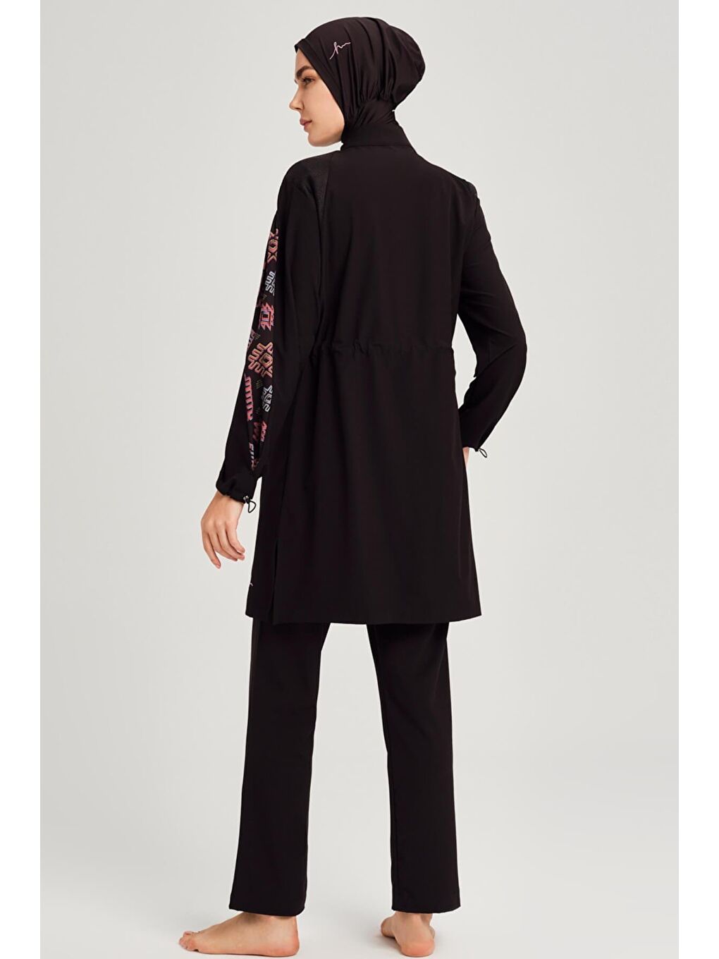 Anadolu Koleksiyonu Motif Desenli Siyah Esnek Dokuma 6 Parça Tam Tesettür Mayo Takımı 3076-3
