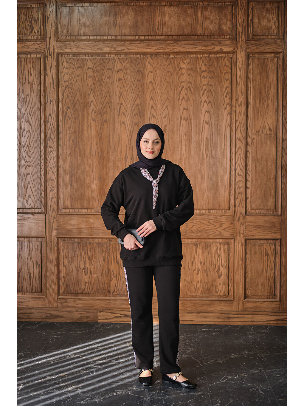 Kadın Fularlı İkili Takım Siyah-1