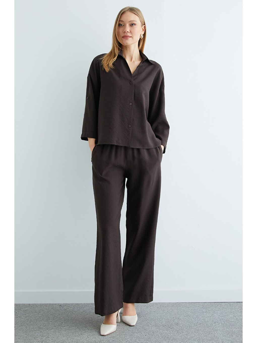 Kahverengi Düğmeli Beli Lastikli Kapri Kol 2 Li Takım