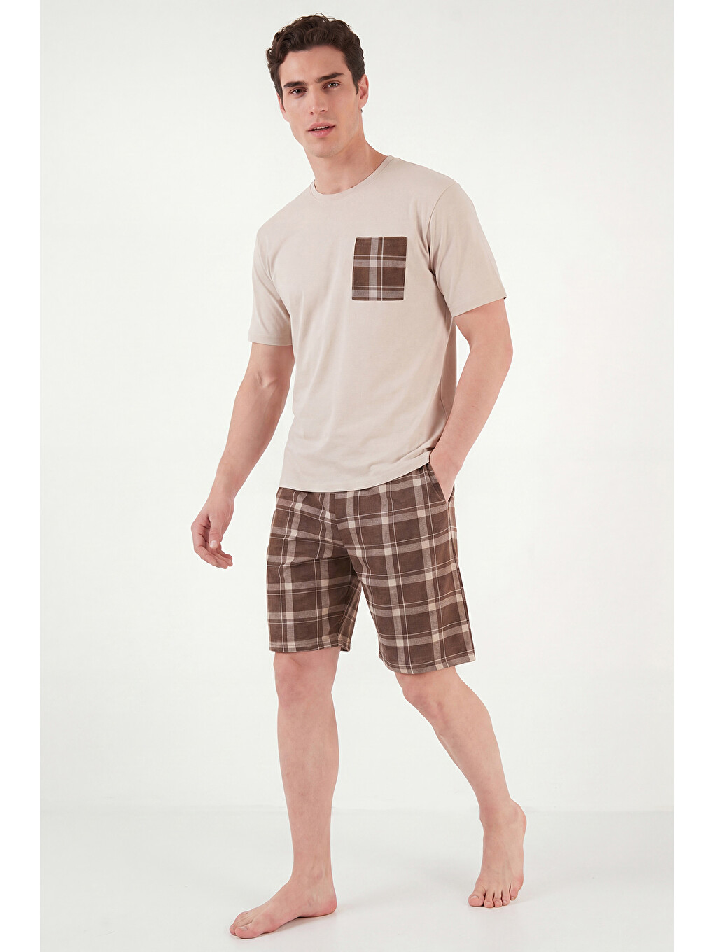 Bej Kareli Pamuklu Regular Fit Şortlu Pijama Takımı 6572021-1