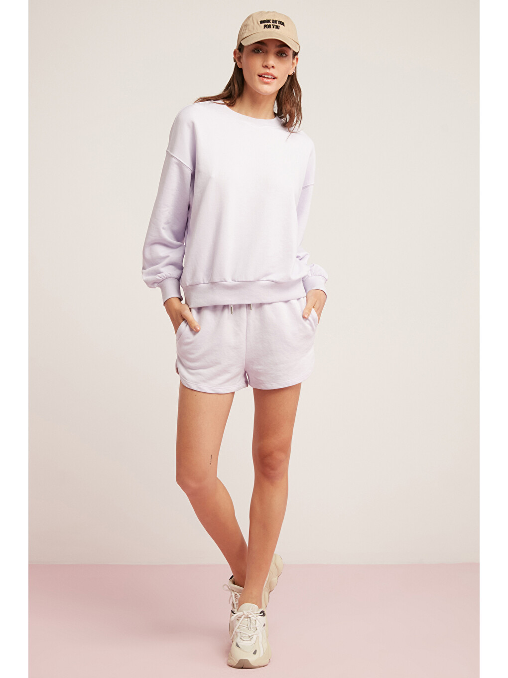 Sahra Kadın Pamuklu Içi Polarlı Yumuşacık Oversize Yuvarlak Yaka Basıc Lila Sweatshirt-3