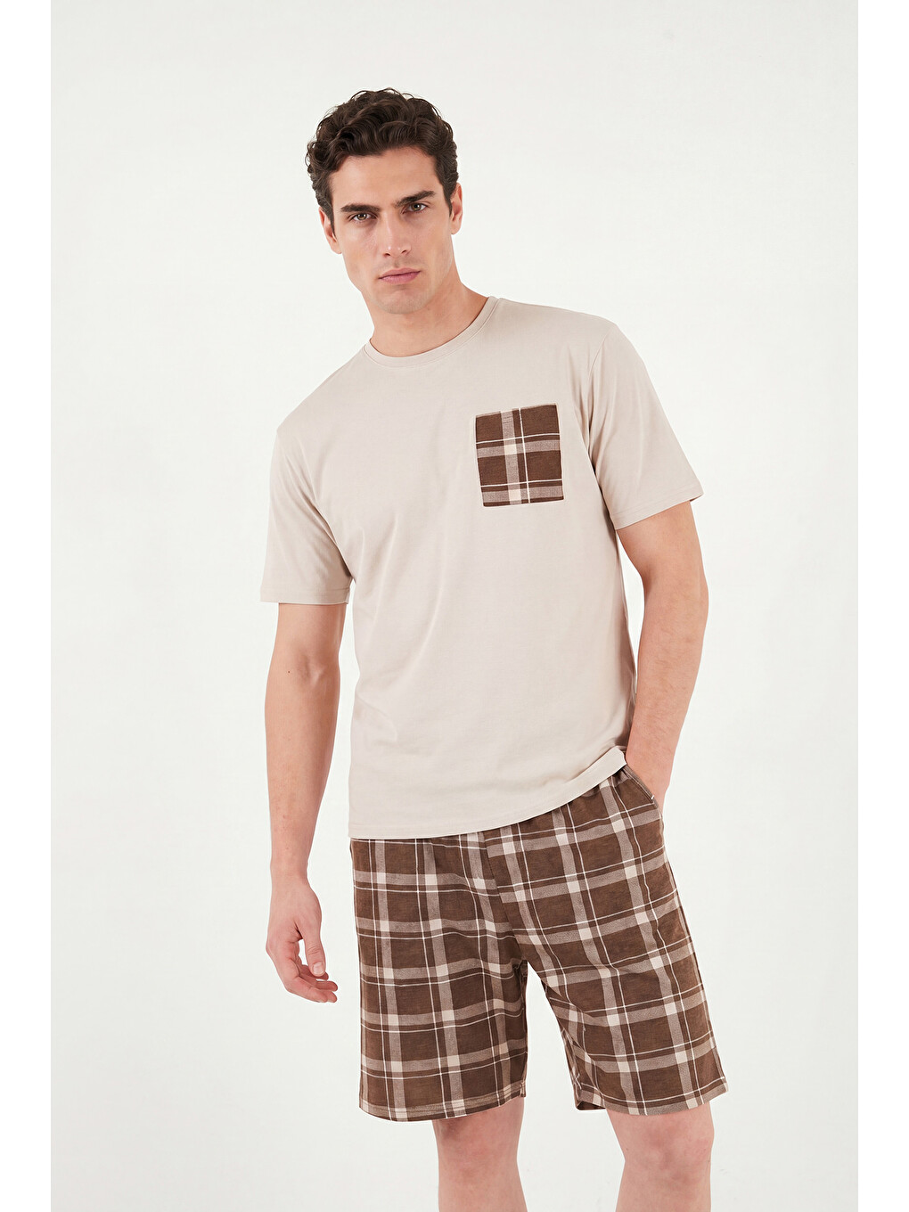 Bej Kareli Pamuklu Regular Fit Şortlu Pijama Takımı 6572021-2