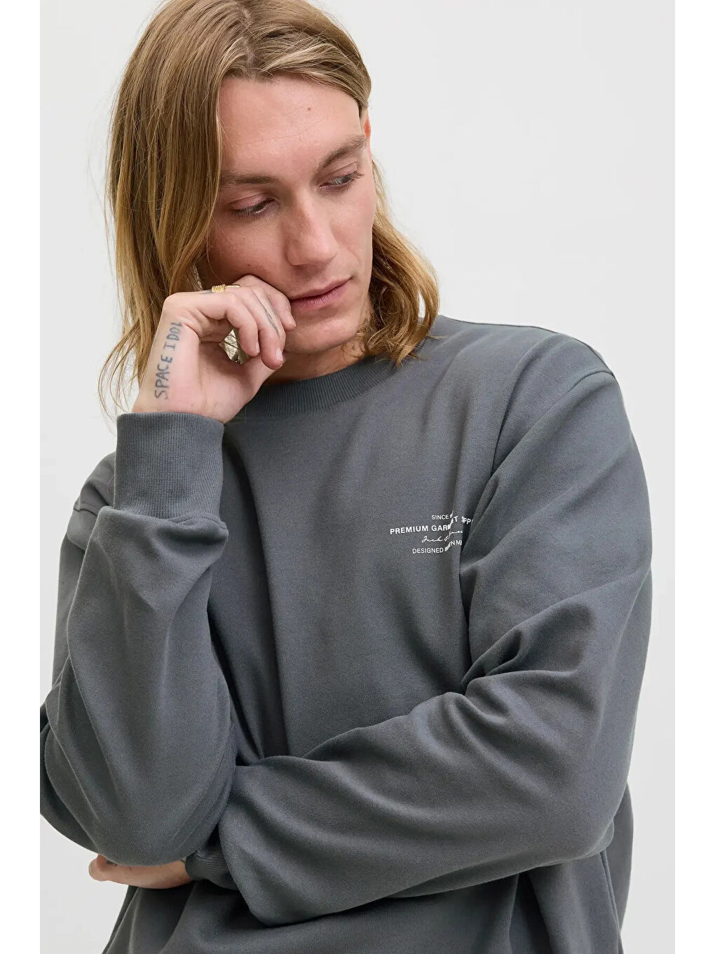 Antrasit Premium Jprblachad Pamuklu Relaxed Fit Bisiklet Yaka Sweat 12261386-2