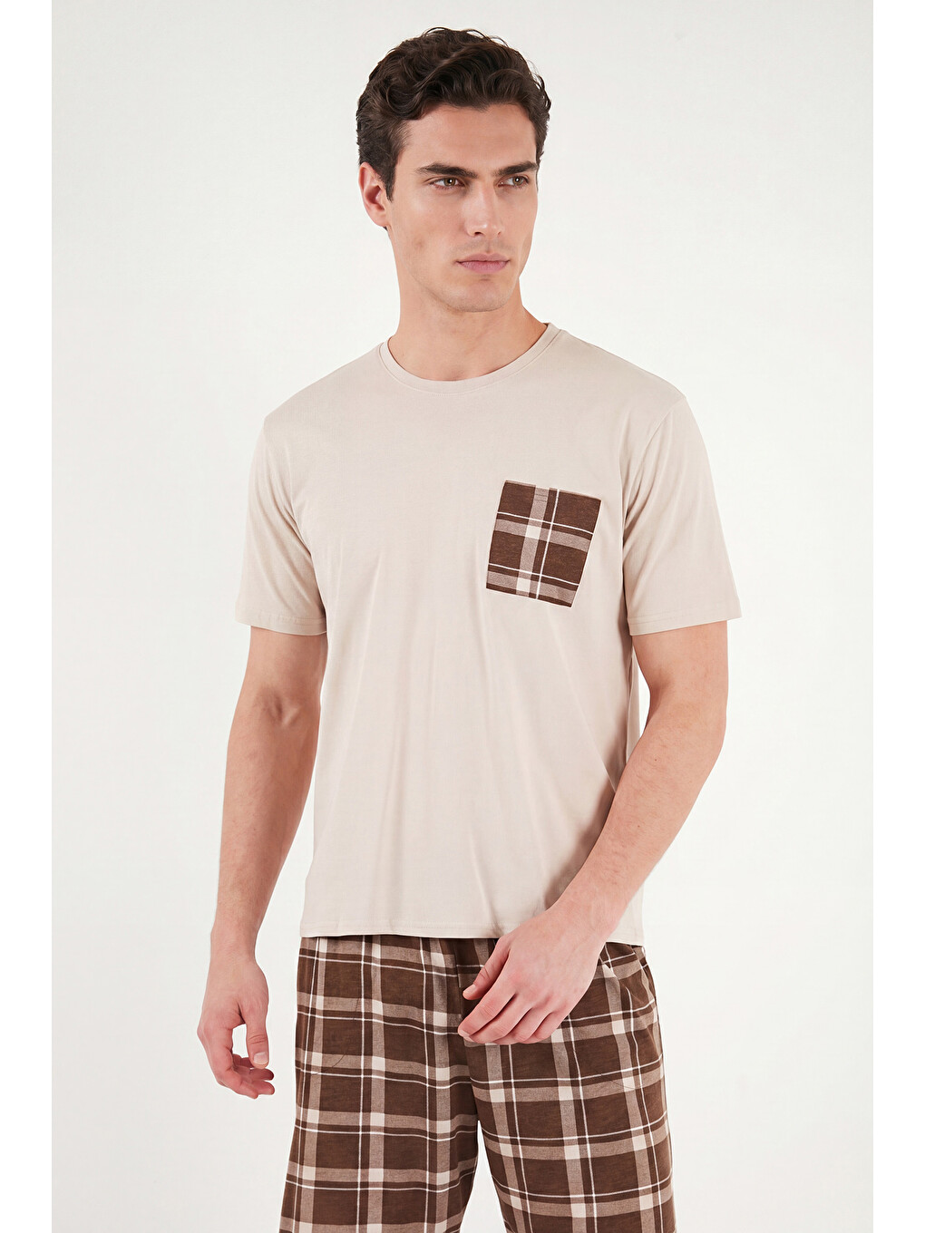 Bej Kareli Pamuklu Regular Fit Şortlu Pijama Takımı 6572021-3