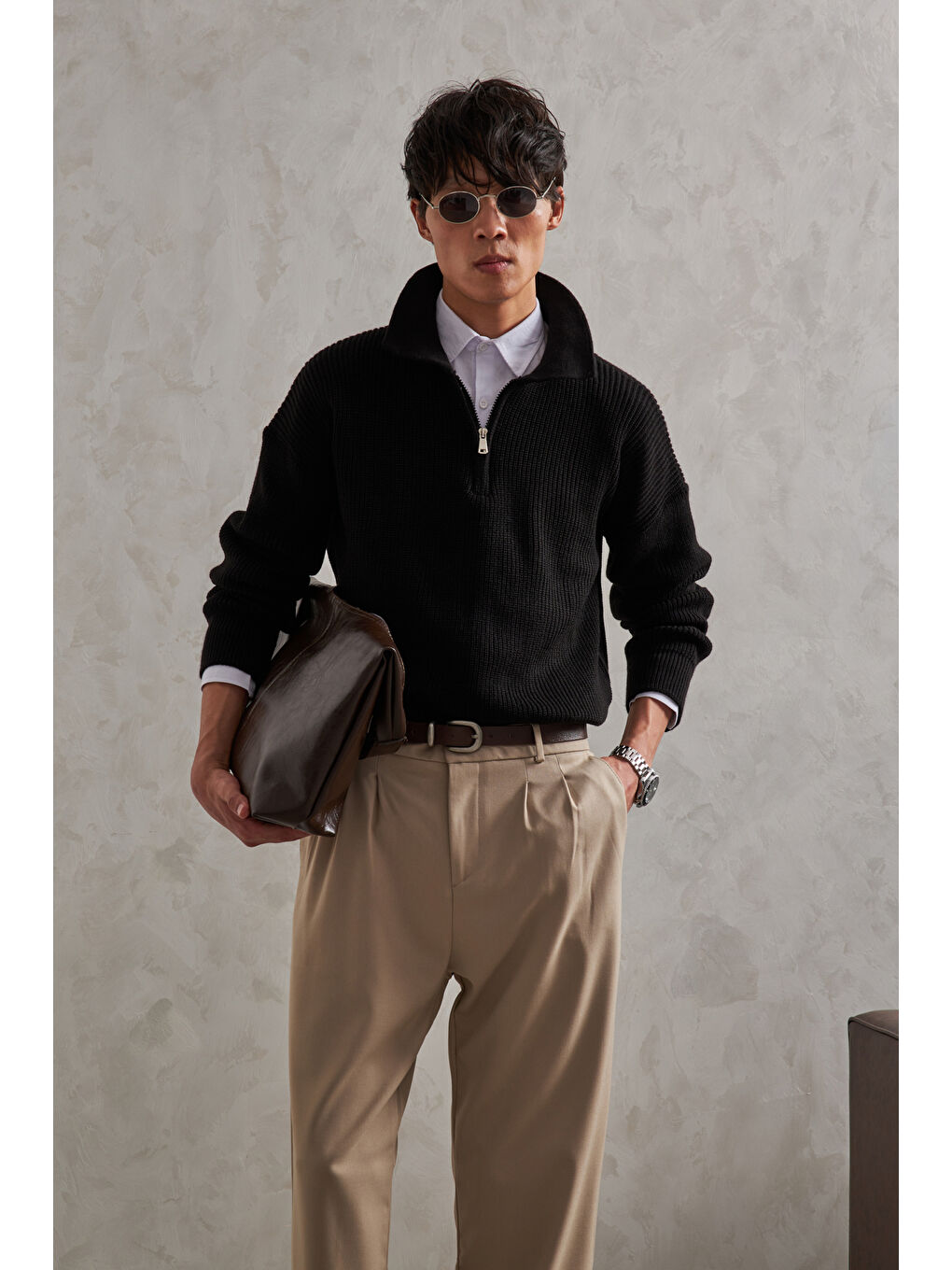 Siyah Erkek Yakası Fermuarlı Oversize Kazak-3