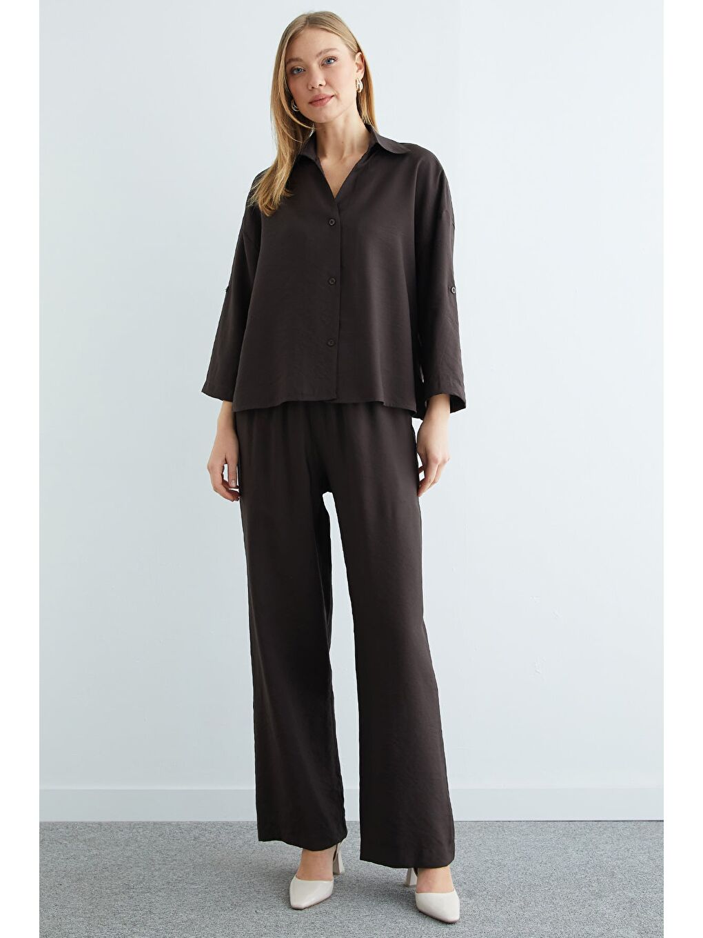 Kahverengi Düğmeli Beli Lastikli Kapri Kol 2 Li Takım-1