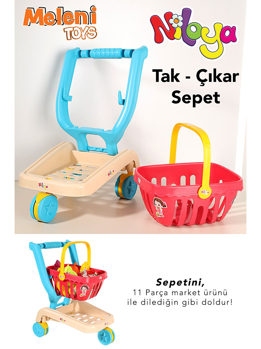 12 Parça Niloya Market Arabası - Oyuncak Meyve Sebze Atıştırmalık Çıkarılabilir Alışveriş Sepeti-3