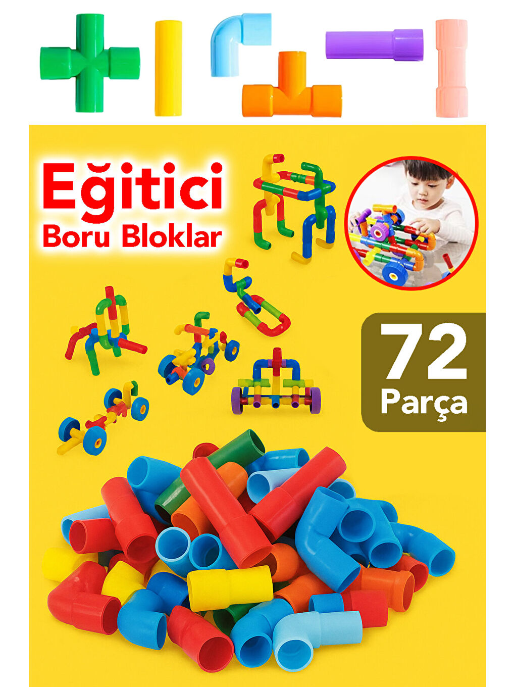 72 Parça Oyun Yapı Blokları - Renkli Tekerlekli Boru Blokları Eğitici Öğretici Oyuncak