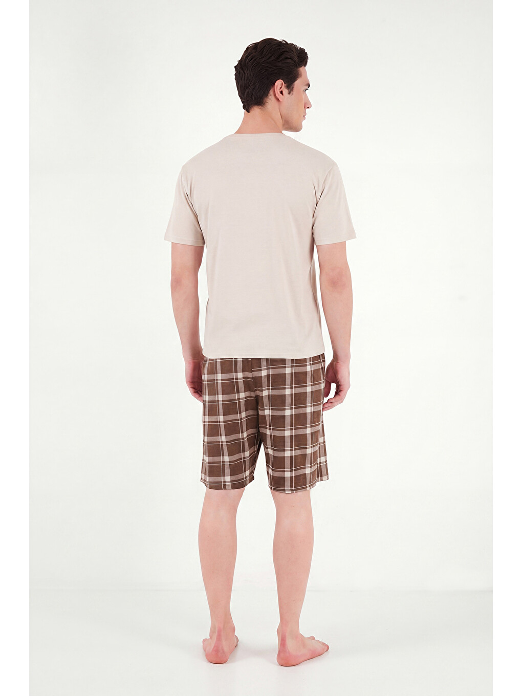 Bej Kareli Pamuklu Regular Fit Şortlu Pijama Takımı 6572021-5