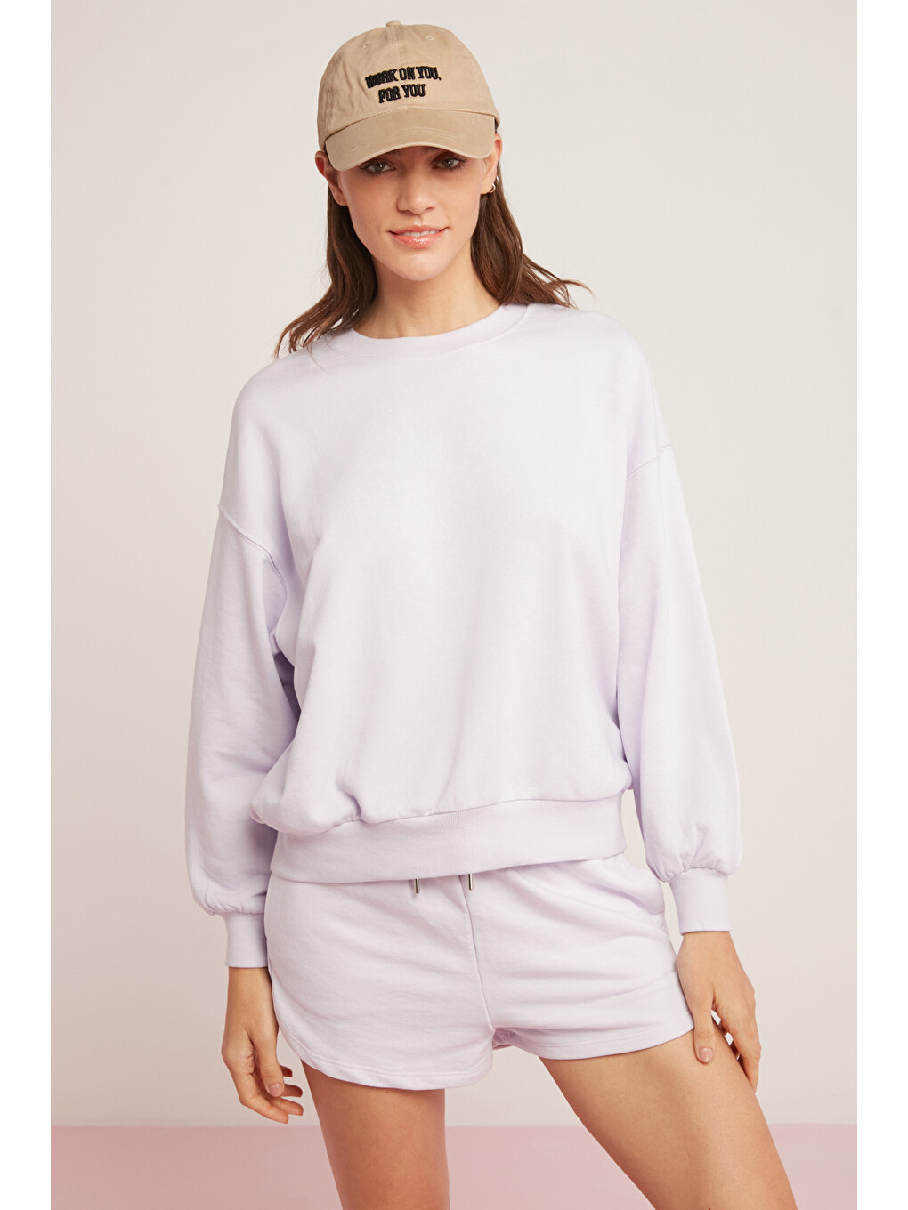 Sahra Kadın Pamuklu Içi Polarlı Yumuşacık Oversize Yuvarlak Yaka Basıc Lila Sweatshirt-4