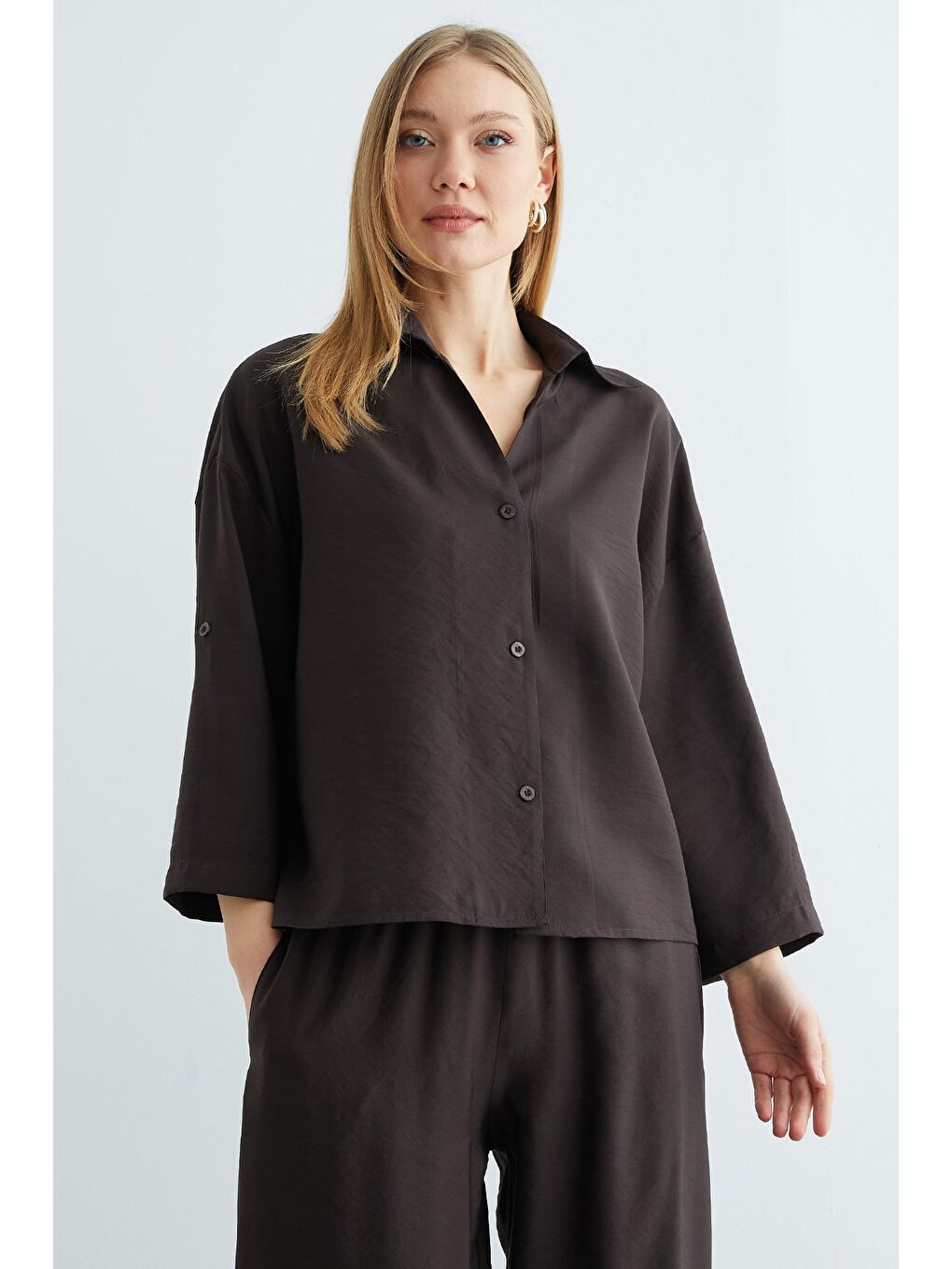 Kahverengi Düğmeli Beli Lastikli Kapri Kol 2 Li Takım-2