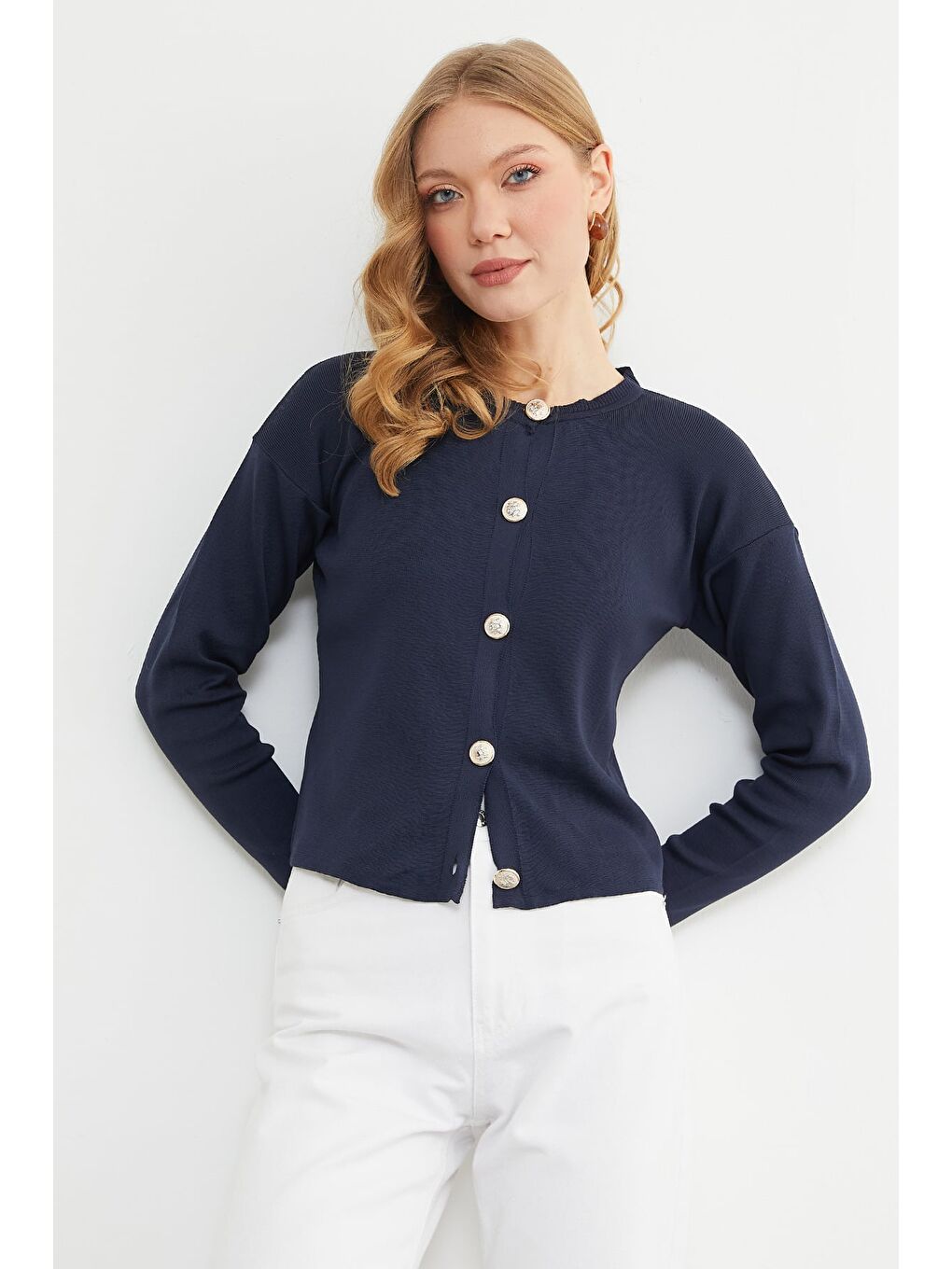 Lacivert Basic Düğmeli Bisiklet Yaka Triko Hırka