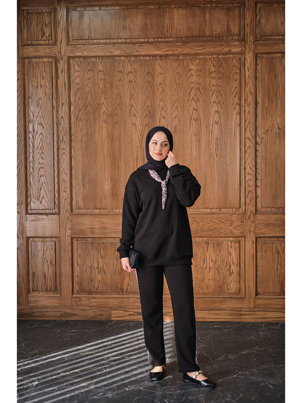 Kadın Fularlı İkili Takım Siyah-4