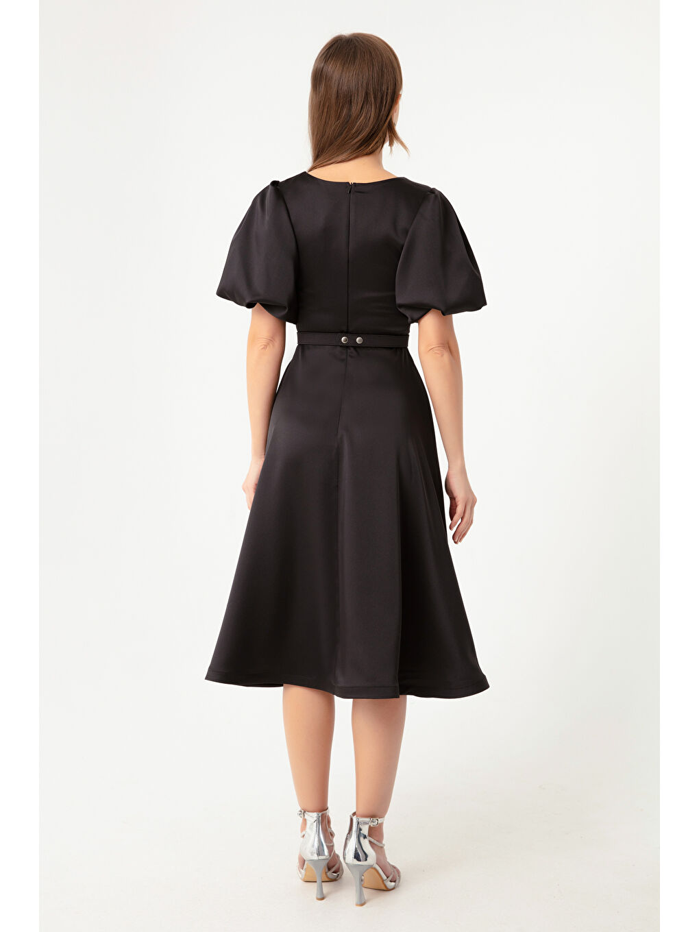 Kadın Siyah Balon Kollu Taşlı Kemerli Mini Saten Abiye Elbise-4