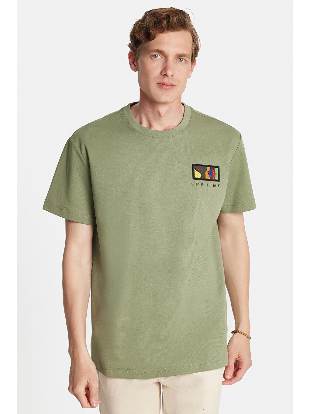 Relax Fit Rahat Kesim Pamuklu Ön Ve Arka Baskı Ve Nakış Detaylı Bisiklet Yaka Haki Tişört-2