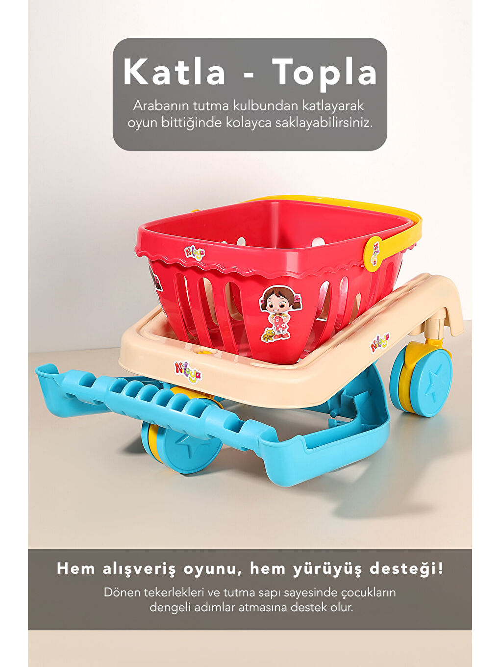 12 Parça Niloya Market Arabası - Oyuncak Meyve Sebze Atıştırmalık Çıkarılabilir Alışveriş Sepeti-4