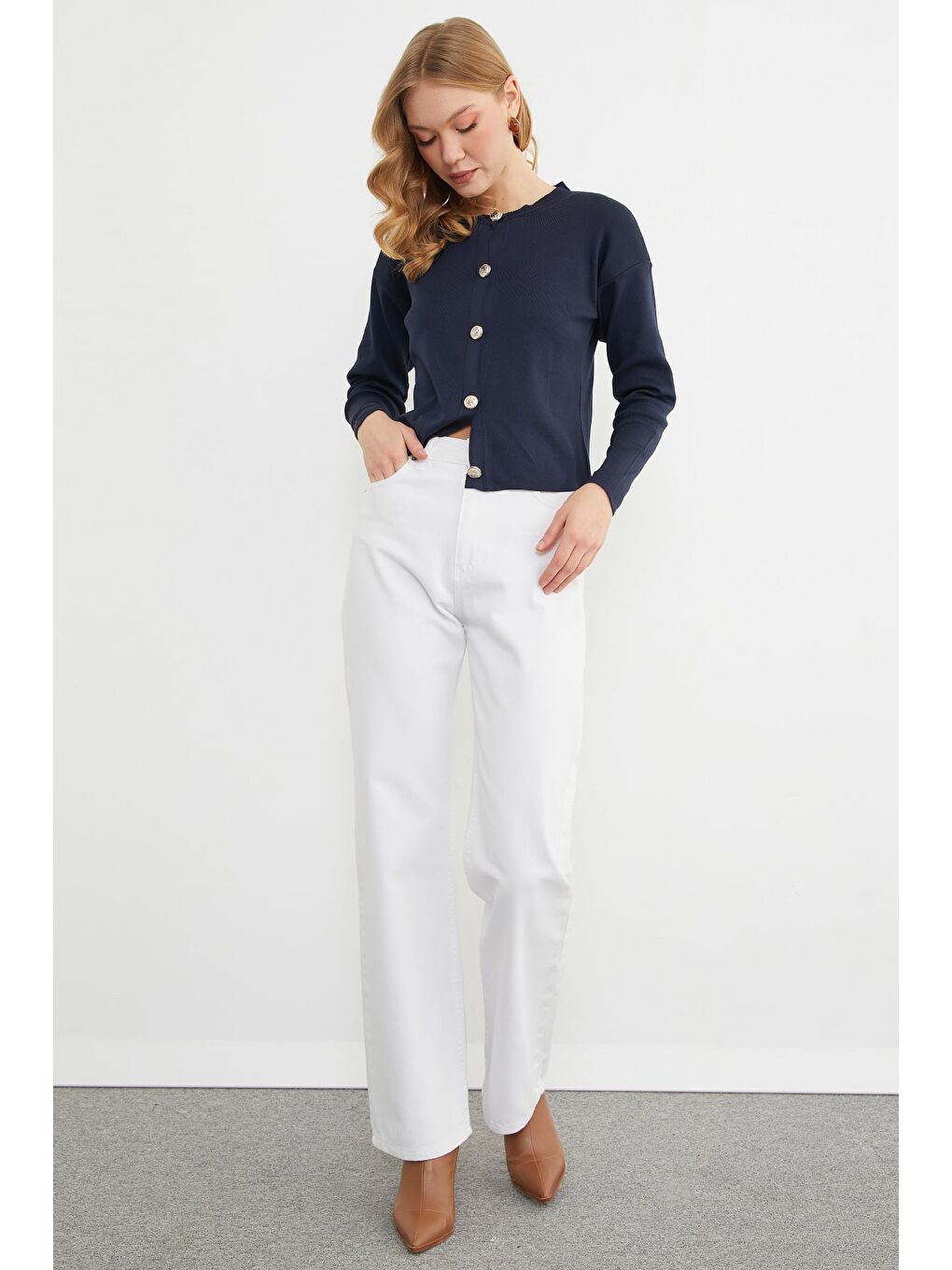 Lacivert Basic Düğmeli Bisiklet Yaka Triko Hırka-2