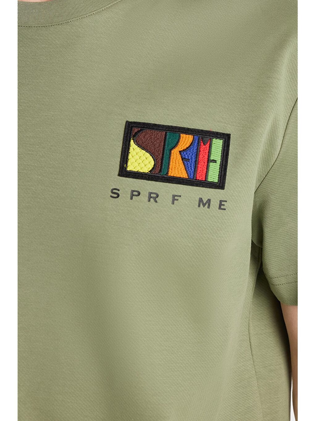 Relax Fit Rahat Kesim Pamuklu Ön Ve Arka Baskı Ve Nakış Detaylı Bisiklet Yaka Haki Tişört-3