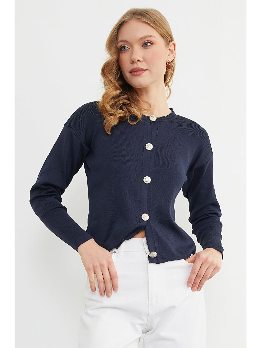 Lacivert Basic Düğmeli Bisiklet Yaka Triko Hırka-3